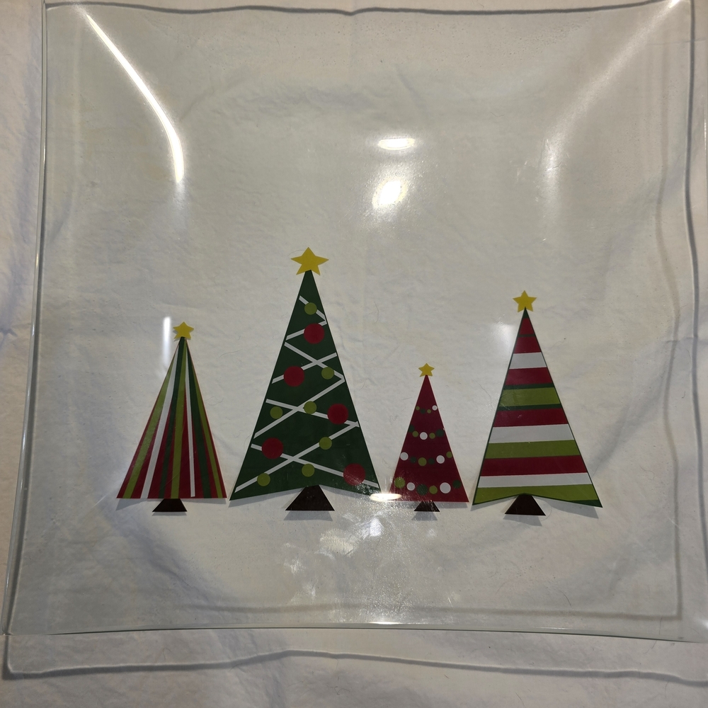 Holiday Decorative Glass Tray with Festive Tree Motif - White/Green/Red